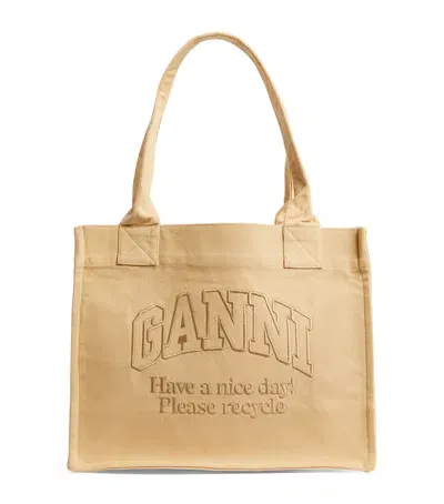 Ganni Logo Large Cotton Tote Bag In Neutrals