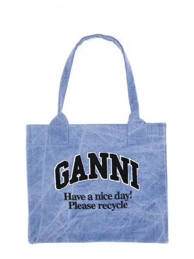 Ganni Large Shopper Bag With Logo In Azure