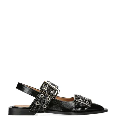 Ganni Leather Buckle Ballet Flats In Black