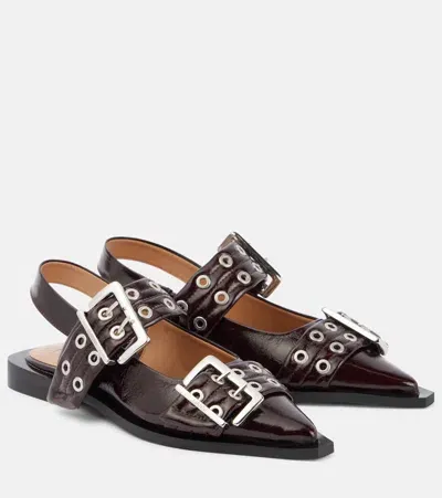 Ganni Leather Slingback Flats In Burgundy