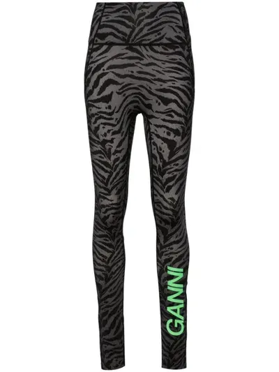 Ganni Zebra-print High-waisted Leggings In Nero