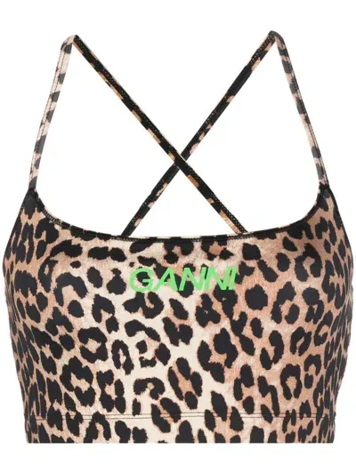 Ganni Leo Print Active Strap Top In Brown