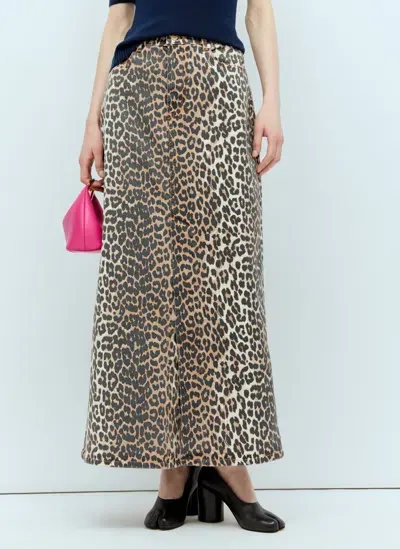 Ganni Leopard-print Denim Maxi Skirt In Braun