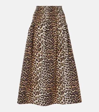 Ganni Leopard-print Cotton Maxi Skirt In Beige