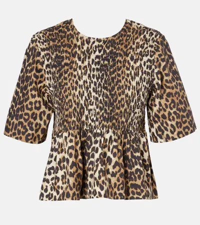 Ganni Leopard-print Cotton Top In Beige