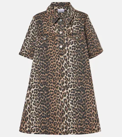 Ganni Leopard-print Denim Minidress In Brown