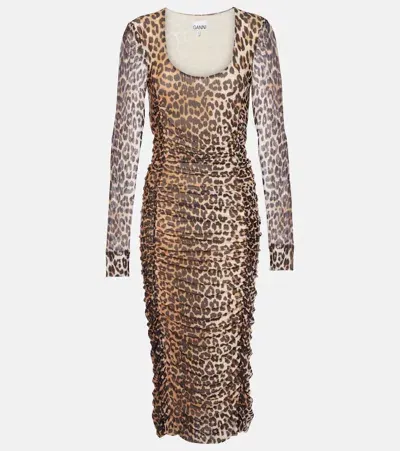 Ganni Leopard-print Ruched Mesh Midi Dress In Brown