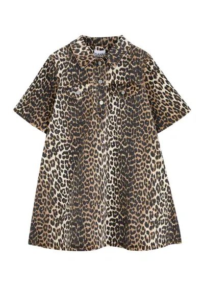 Ganni Leopard-print Stretch-denim Mini Dress