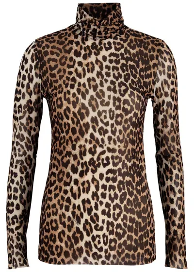 Ganni Leopard-print Stretch-tulle Top In Beige