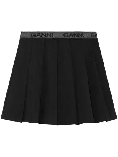 Ganni Light Twill Pleated Mini Skirt In Black