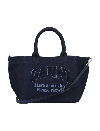 Ganni Logo Detailed Small Shopper Bag In Blue