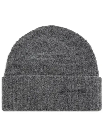 Ganni Logo-embroidered Knitted Beanie In Grey