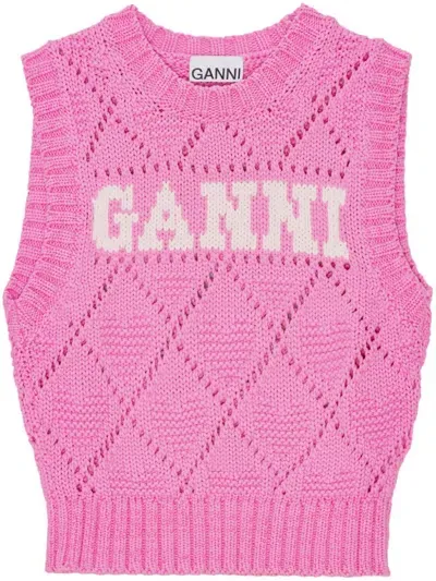 Ganni Logo-intarsia Knitted Top In Pink & Purple