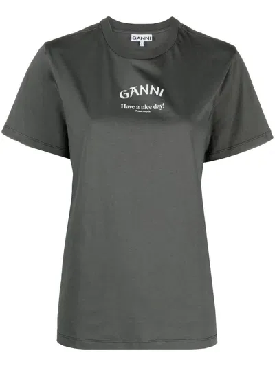 Ganni Logo Organic Cotton T Shirt In Grey