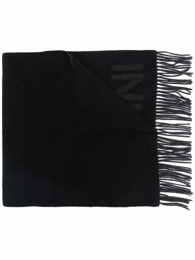 Ganni Logo Organic Wool Scarf In Black