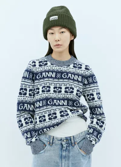 Ganni Logo Patch Beanie Hat In Green