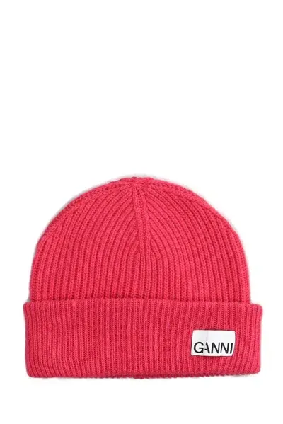 Ganni Logo Patch Knitted Beanie In Red