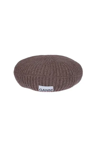 Ganni Logo Patch Knitted Beret In Brown