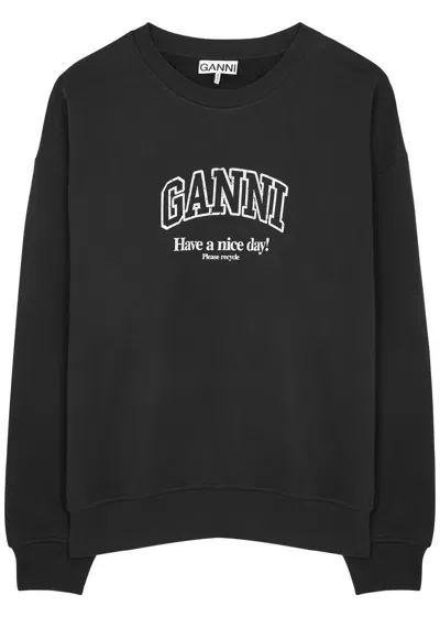 Ganni Logo-print Cotton Sweatshirt In Dark Grey