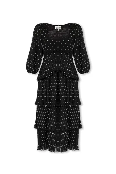 Ganni Dress With Puff Sleeves In Black