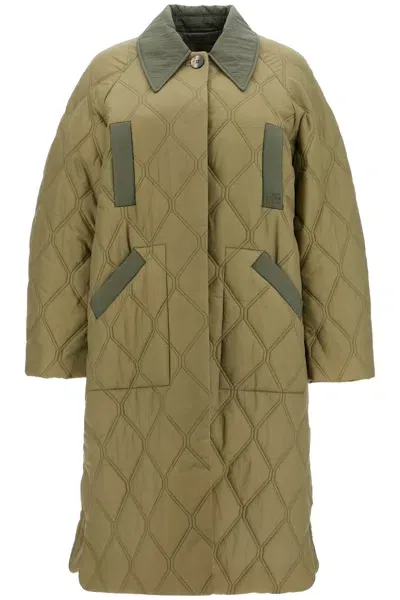 Ganni Long Quilted Padded Coat In Khaki