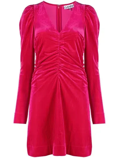 Ganni Long-sleeve Gathered Velvet Minidress In Pink