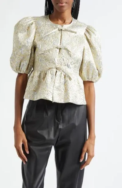 Ganni Metallic Jacquard Peplum Top In Gold/silver