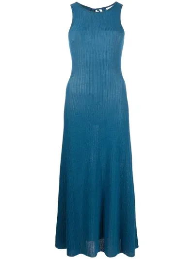 Ganni Metallic Ribbed Midi Dress In Blue