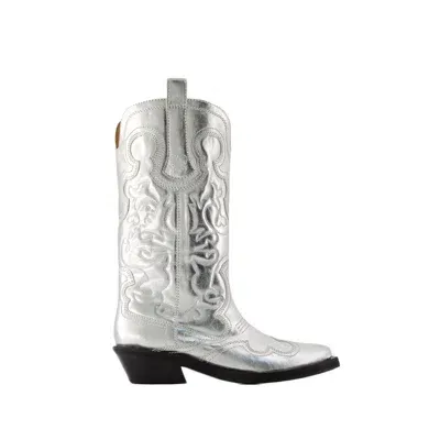 Ganni Recycled Metallic Embroidered Western Boots In White