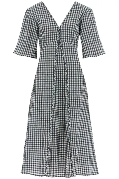 Ganni Midi Seersucker Check Dress In White