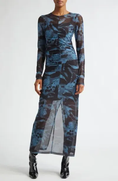 Ganni Mixed Print Long Sleeve Mesh Maxi Dress In Blue Shadow