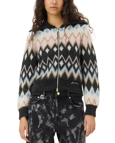 Ganni Multicolor Fine Brushed Cardigan In Black