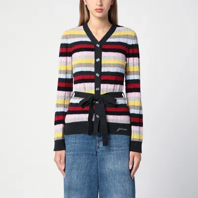 Ganni Multicoloured Striped Cardigan With Belt In Multicolor