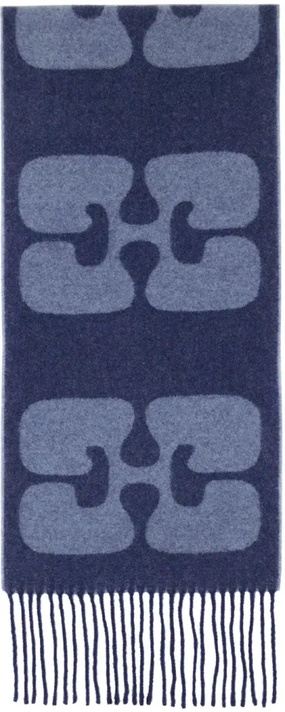 Ganni Navy Narrow Logo Scarf In 076 Dark Blue