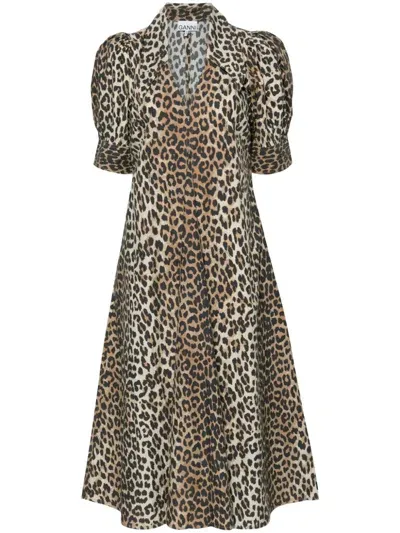 Ganni Animal Print Midi Dress Dresses Multicolor In Animalier