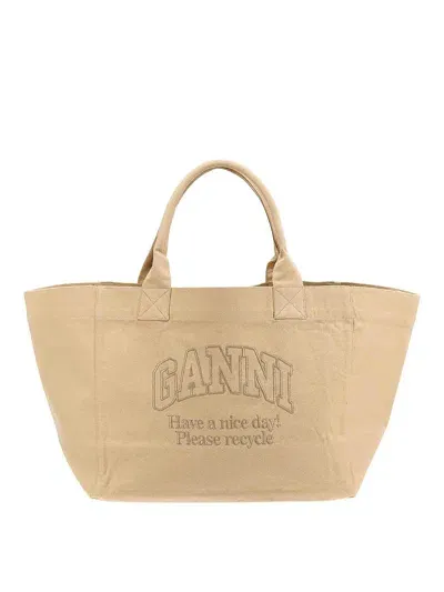 Ganni Oversized Shopping Bag With Logo Embroidery In Beige