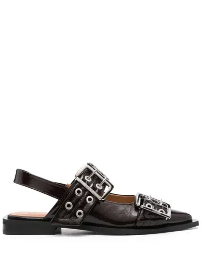 Ganni Patent Buckle Ballerina Shoes In Black