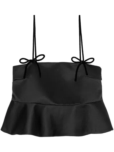 Ganni Peplum-hem Cropped Satin Top In Black