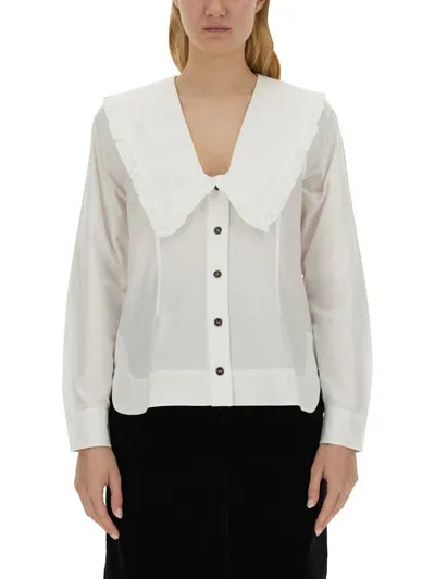 Ganni Ruffled Exaggerated Collar Blouse In White