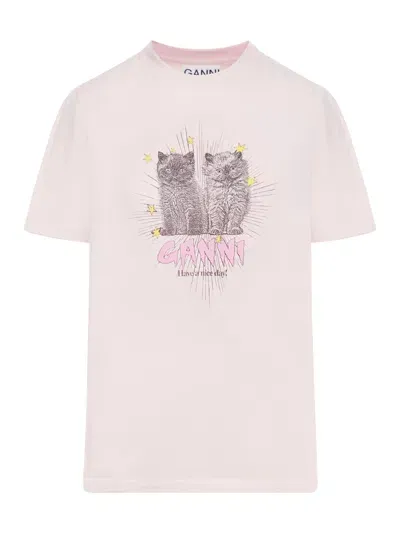 Ganni Pink Basic Jersey Kittens Relaxed T-shirt In Pink & Purple