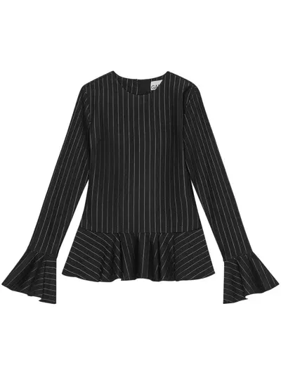 Ganni Pinstriped Peplum Blouse In Black