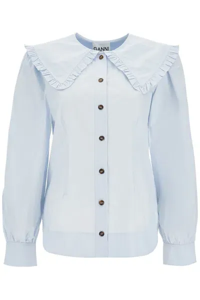 Ganni Cotton Poplin Frill Collar Shirt In Light Blue