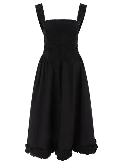 Ganni Poplin Smock Midi Dress In Black