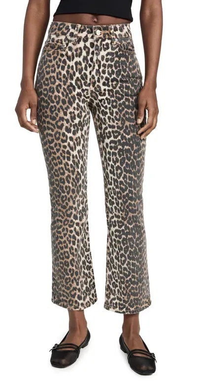 Ganni Betzy Leopard-print Flared-leg Cropped Jeans In Brown