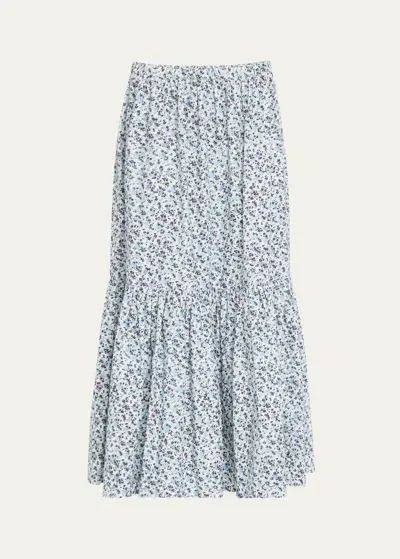 Ganni Printed Cotton Maxi Flounce Skirt In White