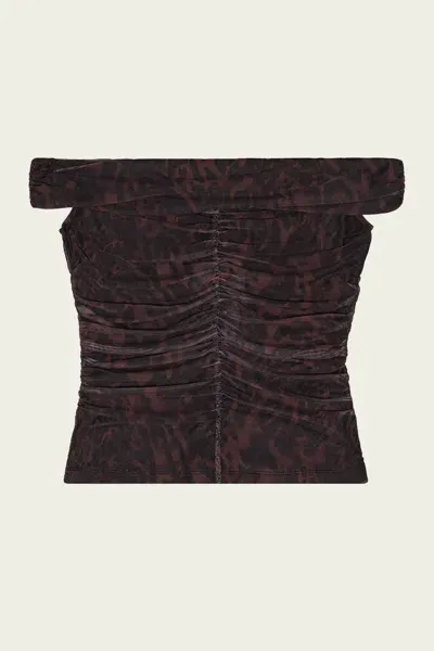 Ganni Printed Mesh Off-shoulder Ruched Top In Bitter Chocolate In Braun