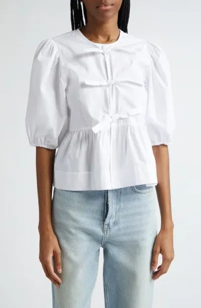 Ganni Poplin Front-tie Peplum Blouse With Puffed-sleeves In Bright White