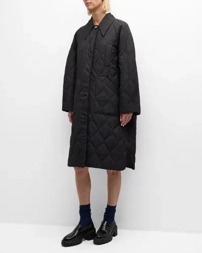 Ganni Quilted Raglan Midi Coat In Black