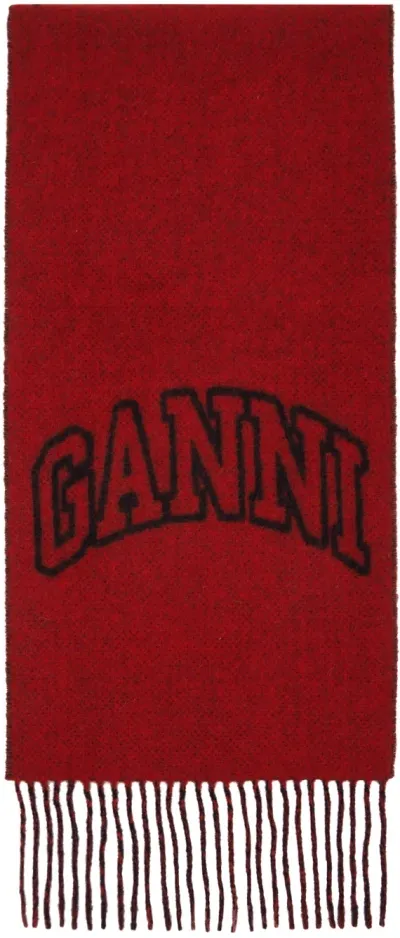 Ganni Red Fringed Wool Scarf In 047 Winery