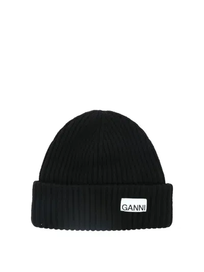 Ganni Ribbed Beanie With Patch In Black